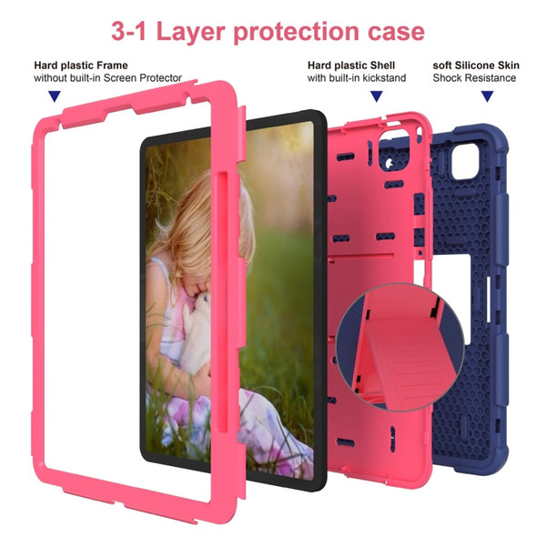 For iPad Pro 12.9 (2018) / (2020) Shockproof Two-Color Silicone Protective Case with Holder(Dark Blue+Rose Pink)