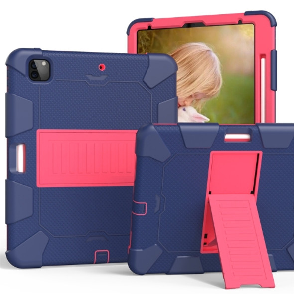 For iPad Pro 12.9 (2018) / (2020) Shockproof Two-Color Silicone Protective Case with Holder(Dark Blue+Rose Pink)
