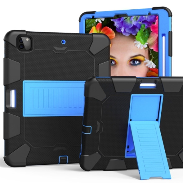 For iPad Pro 12.9 (2018) / (2020) Shockproof Two-Color Silicone Protective Case with Holder(Black+Blue)