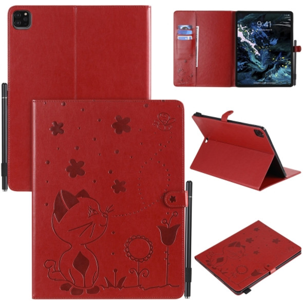 For iPad Pro 12.9 (2020) & (2018) Cat Bee Embossing Pattern Horizontal Flip Leather Case with Holder & Card Slots & Wallet & Pen Slot(Red)