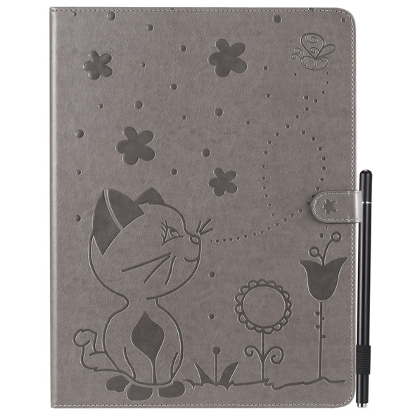 For iPad Pro 12.9 (2020) & (2018) Cat Bee Embossing Pattern Horizontal Flip Leather Case with Holder & Card Slots & Wallet & Pen Slot(Grey)