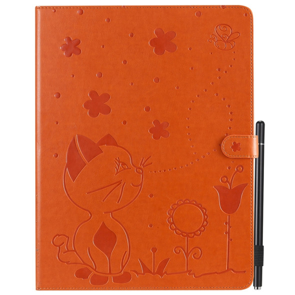 For iPad Pro 12.9 (2020) & (2018) Cat Bee Embossing Pattern Horizontal Flip Leather Case with Holder & Card Slots & Wallet & Pen Slot(Orange)