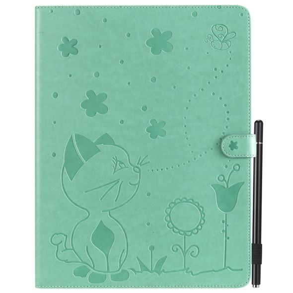 For iPad Pro 12.9 (2020) & (2018) Cat Bee Embossing Pattern Horizontal Flip Leather Case with Holder & Card Slots & Wallet & Pen Slot(Green)