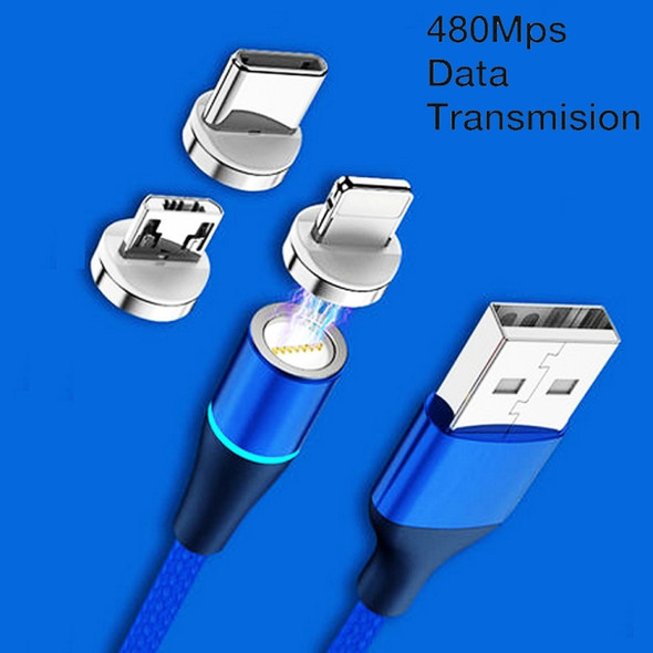 3 in 1 3A USB to 8 Pin + Micro USB + USB-C / Type-C Fast Charging + 480Mbps Data Transmission Mobile Phone Magnetic Suction Fast Charging Data Cable, Cable Length: 2m(Blue)