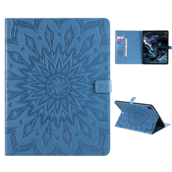 For iPad Pro 12.9 (2020) & Pro 12.9 (2018) Pressed Printing Sunflower Pattern Horizontal Flip PU Leather Case with Holder & Card Slots & Wallet(Blue)