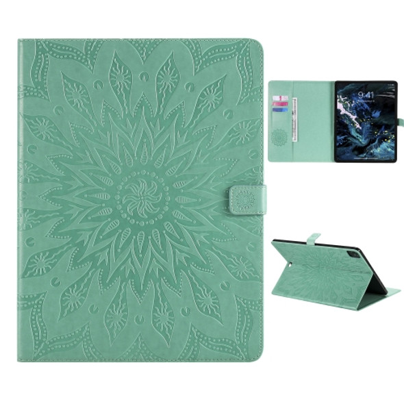 For iPad Pro 12.9 (2020) & Pro 12.9 (2018) Pressed Printing Sunflower Pattern Horizontal Flip PU Leather Case with Holder & Card Slots & Wallet(Green)