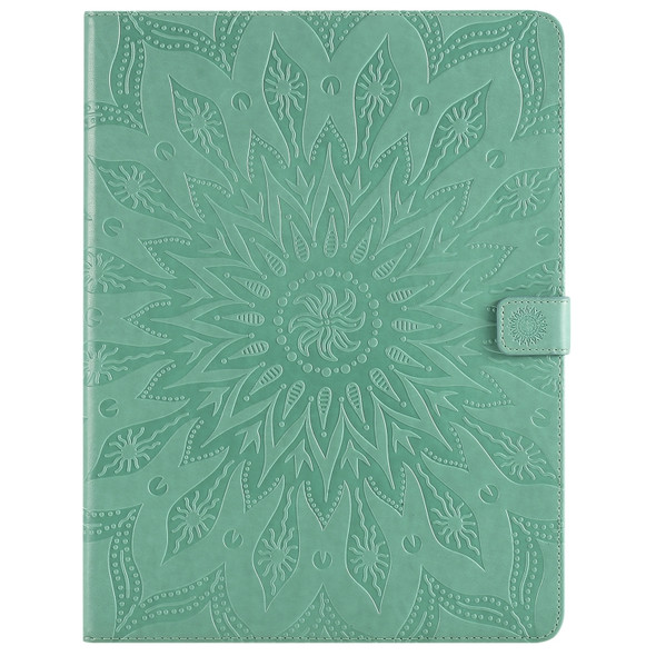 For iPad Pro 12.9 (2020) & Pro 12.9 (2018) Pressed Printing Sunflower Pattern Horizontal Flip PU Leather Case with Holder & Card Slots & Wallet(Green)