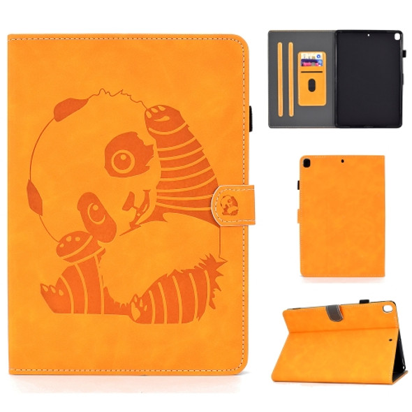 For iPad Air (2019) Embossing Panda Sewing Thread Horizontal Painted Flat Leather Case with Sleep Function & Pen Cover & Anti Skid Strip & Card Slot & Holder(Khaki)