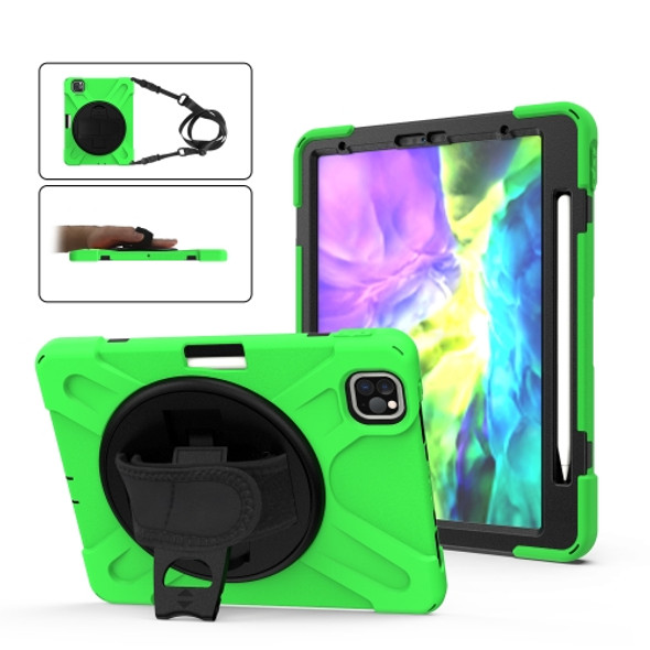 For iPad Pro 12.9 (2020/2018) 360 Degree Rotation Silicone Protective Cover with Holder & Hand Strap & Long Strap & Pencil Slot(Green)