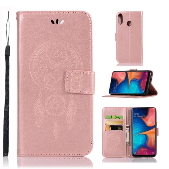 Wind Chime Owl Embossing Pattern Horizontal Flip Leather Case for Galaxy A20e, with Holder & Card Slots & Wallet (Rose Gold)