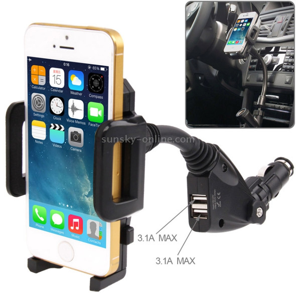 12V Cigarette Lighter Power Supply with 2 x USB Ports Car Charger Holder, Adjusting Width: 135mm, For iPhone, Galaxy, Huawei, Xiaomi, LG, HTC and Other Smart Phones(Black)