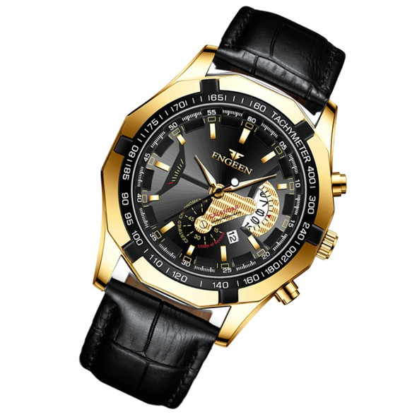 FNGEEN S001 Men Waterproof Watch Non-Mechanical Calendar Watch(Black Leather Full Gold Black Surface)