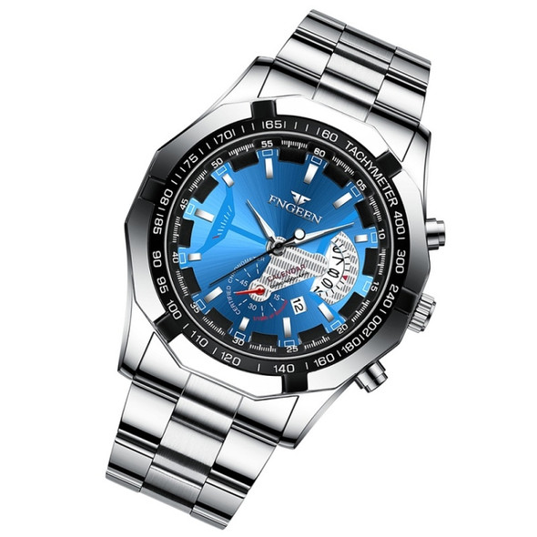 FNGEEN S001 Men Waterproof Watch Non-Mechanical Calendar Watch(White Steel Blue Surface)