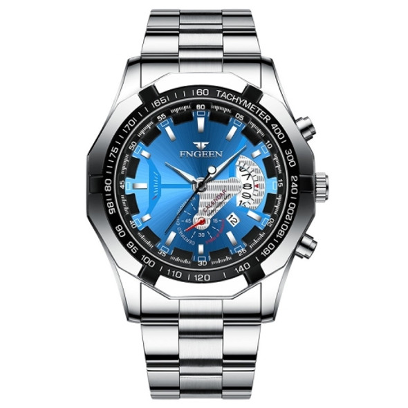 FNGEEN S001 Men Waterproof Watch Non-Mechanical Calendar Watch(White Steel Blue Surface)