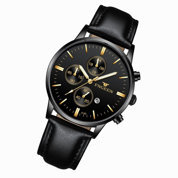 FNGEEN W5128 Men Three Eyes Subdial Luminous Quartz Watch Student Simple Watch(All Black Surface Golden Nails)