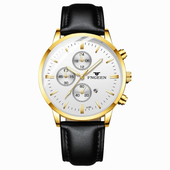 FNGEEN W5128 Men Three Eyes Subdial Luminous Quartz Watch Student Simple Watch(Black Leather Gold Shell White Surface)