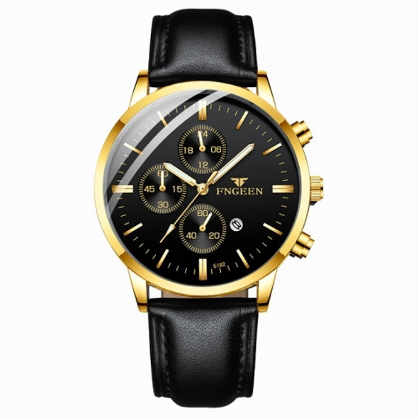 FNGEEN W5128 Men Three Eyes Subdial Luminous Quartz Watch Student Simple Watch(Black Leather Gold Shell Black Surface)