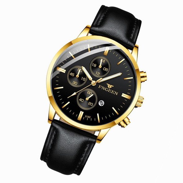 FNGEEN W5128 Men Three Eyes Subdial Luminous Quartz Watch Student Simple Watch(Black Leather Gold Shell Black Surface)