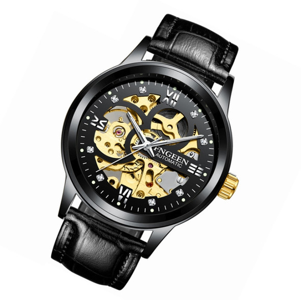 FNGEEN 6018 Men Automatic Mechanical Watch Waterproof Luminous Diamond Double-Sided Hollow Watch(Black Leather Black Shell Black Surface)