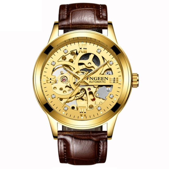 FNGEEN 6018 Men Automatic Mechanical Watch Waterproof Luminous Diamond Double-Sided Hollow Watch(Brown Leather Gold Shell Gold Surface)
