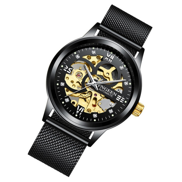 FNGEEN 6018 Men Automatic Mechanical Watch Waterproof Luminous Diamond Double-Sided Hollow Watch(Black Mesh Belt Black Surface)