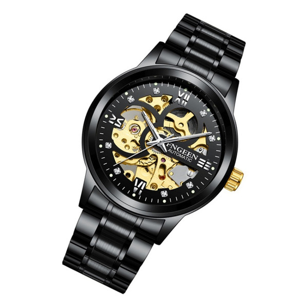 FNGEEN 6018 Men Automatic Mechanical Watch Waterproof Luminous Diamond Double-Sided Hollow Watch(Black Steel Belt Black Surface)