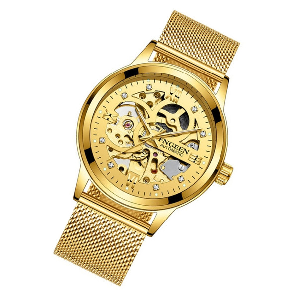 FNGEEN 6018 Men Automatic Mechanical Watch Waterproof Luminous Diamond Double-Sided Hollow Watch(Gold Mesh Belt Gold Surface)