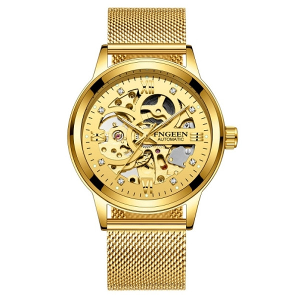 FNGEEN 6018 Men Automatic Mechanical Watch Waterproof Luminous Diamond Double-Sided Hollow Watch(Gold Mesh Belt Gold Surface)