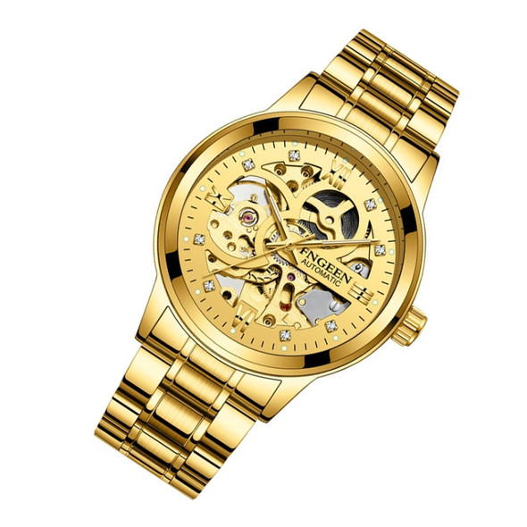 FNGEEN 6018 Men Automatic Mechanical Watch Waterproof Luminous Diamond Double-Sided Hollow Watch(Gold Steel Strip Gold Surface)