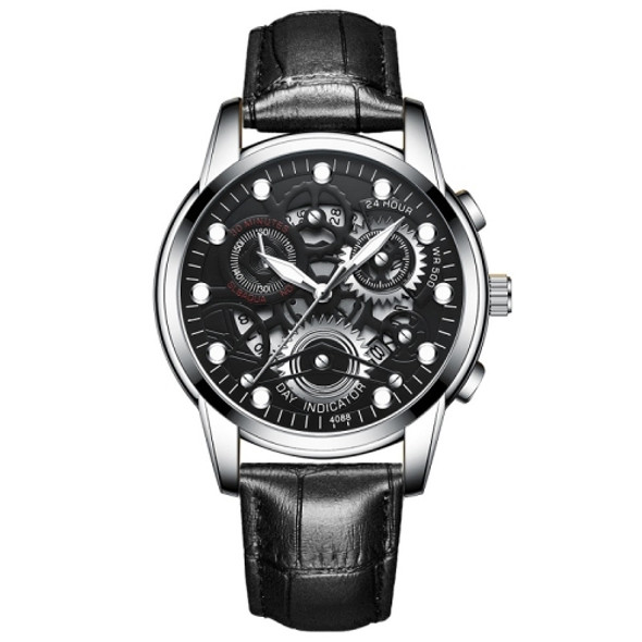 FNGEEN 4088 Men Hollow Quartz Watch Student Waterproof Luminous Watch(Black Leather White Steel Black Surface)