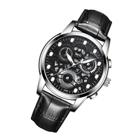 FNGEEN 4088 Men Hollow Quartz Watch Student Waterproof Luminous Watch(Black Leather White Steel Black Surface)