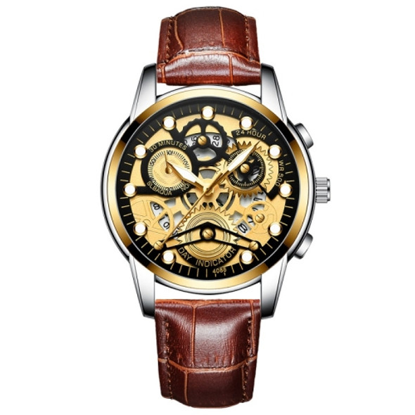 FNGEEN 4088 Men Hollow Quartz Watch Student Waterproof Luminous Watch(Brown Leather Gold Black Surface)