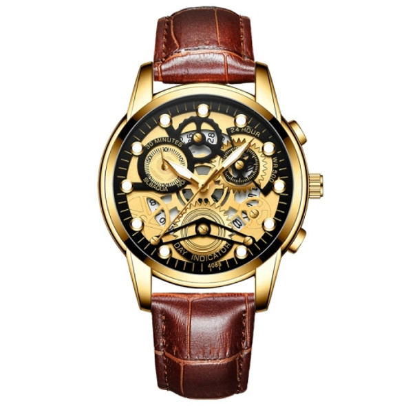 FNGEEN 4088 Men Hollow Quartz Watch Student Waterproof Luminous Watch(Brown Leather Full Gold Black Surface)