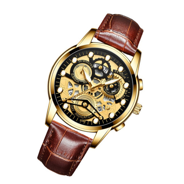 FNGEEN 4088 Men Hollow Quartz Watch Student Waterproof Luminous Watch(Brown Leather Full Gold Black Surface)