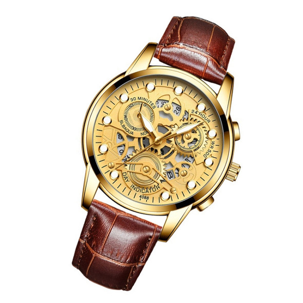 FNGEEN 4088 Men Hollow Quartz Watch Student Waterproof Luminous Watch(Brown Leather Full Golden Surface)