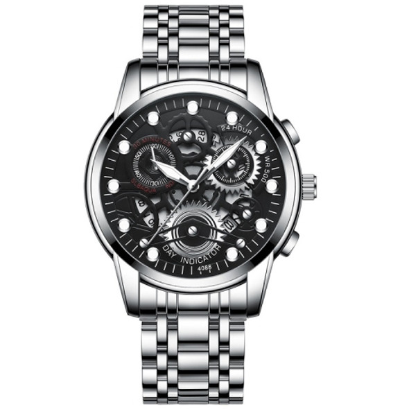 FNGEEN 4088 Men Hollow Quartz Watch Student Waterproof Luminous Watch(White Steel Black Surface)