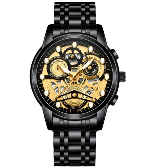 FNGEEN 4088 Men Hollow Quartz Watch Student Waterproof Luminous Watch(Black Steel Black Surface Gold Nails)