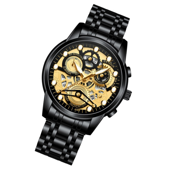 FNGEEN 4088 Men Hollow Quartz Watch Student Waterproof Luminous Watch(Black Steel Black Surface Gold Nails)