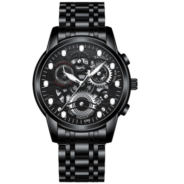 FNGEEN 4088 Men Hollow Quartz Watch Student Waterproof Luminous Watch(Black Steel Black Surface White Nails)
