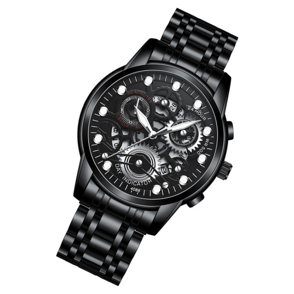 FNGEEN 4088 Men Hollow Quartz Watch Student Waterproof Luminous Watch(Black Steel Black Surface White Nails)