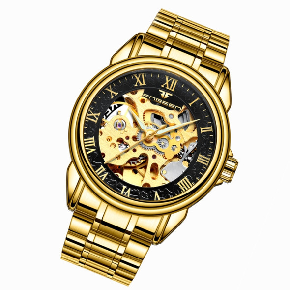 FNGEEN 8866 Men Waterproof Watch Fashion Double-Sided Hollow Automatic Mechanical Watch(All Gold Black Surface)