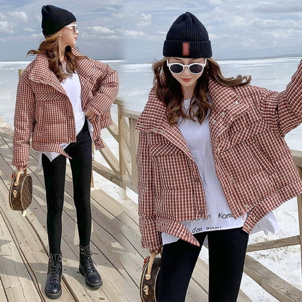 Plaid Down Jacket Women Short Coat (Color:Red Size:M)