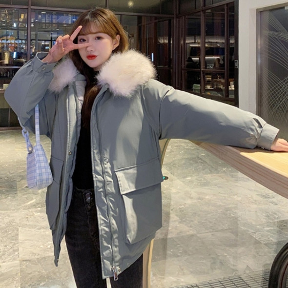 Women Loose Big Fur Collar Short Down Jacket (Color:Gray Size:L)