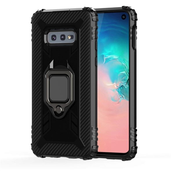 For Galaxy S10e Carbon Fiber Protective Case with 360 Degree Rotating Ring Holder(Black)