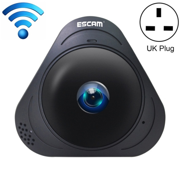ESCAM Q8 960P 360 Degrees Fisheye Lens 1.3MP WiFi IP Camera, Support Motion Detection / Night Vision, IR Distance: 5-10m,UK Plug(Black)