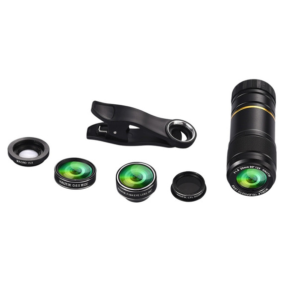 HAUTIK HK-002 5 in 1 198 Degree Fisheye Lens + 15X Macro Lens + 0.6X Wide Lens + 12X Telephoto Lens + CPL Lens Kits, For iPhone, Galaxy, Sony, Lenovo, HTC, Huawei, Google, LG, Xiaomi, other Smartphones and Ultra-thin Digital Camera