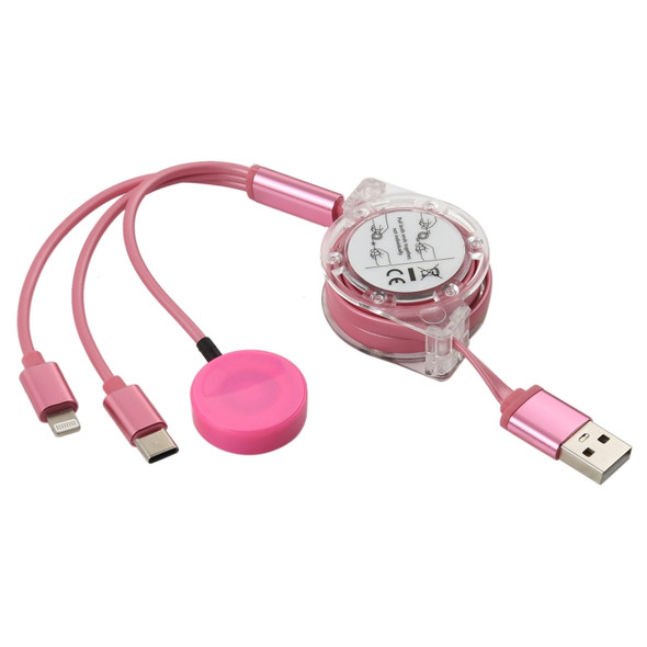 3 In 1 8 Pin + Type-C / USB-C + Magnetic Charging Base Multi-function Telescopic Charging Cable, Length: 1m (Pink)