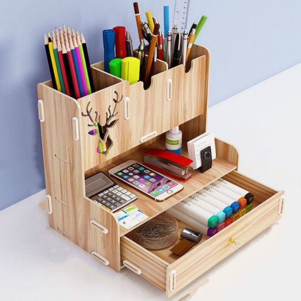 Creative Wooden Desktop Learning Office Pen Holder Storage Box, Style:With Drawer(Khaki)