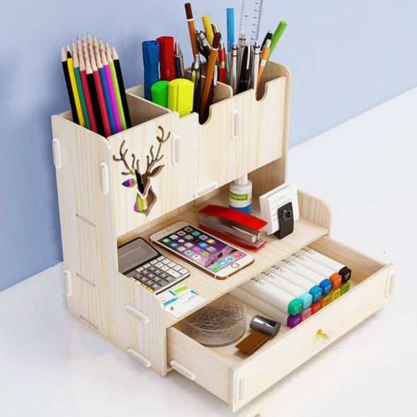 Creative Wooden Desktop Learning Office Pen Holder Storage Box, Style:With Drawer(White Maple)