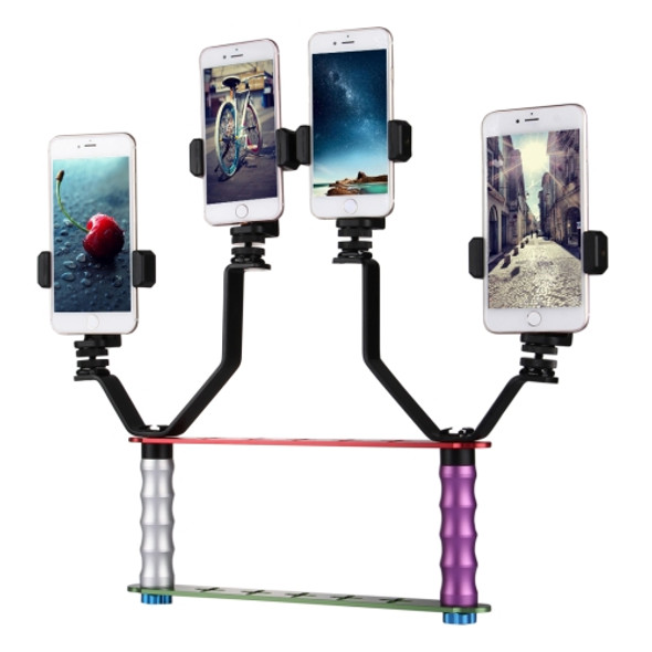 Smartphone Live Broadcast Bracket Dual Hand-held Selfie Mount Kits with 2x V-Bracket + 3x Phone Clips, For iPhone, Galaxy, Huawei, Xiaomi, HTC, Sony, Google and other Smartphones